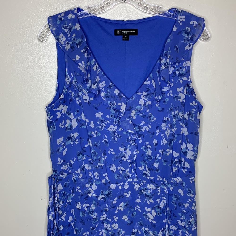 INC Midi Dress Blue Floral Faux Wrap Ruffle Detail V-Neck Sleeveless Romantic - Picture 3 of 10